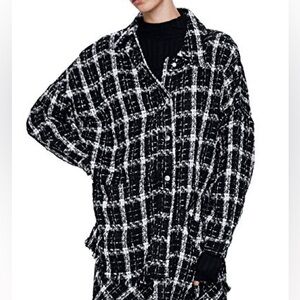 Zara Monochrome Tweed Shirt Jacket with Pockets - Size S (A185)